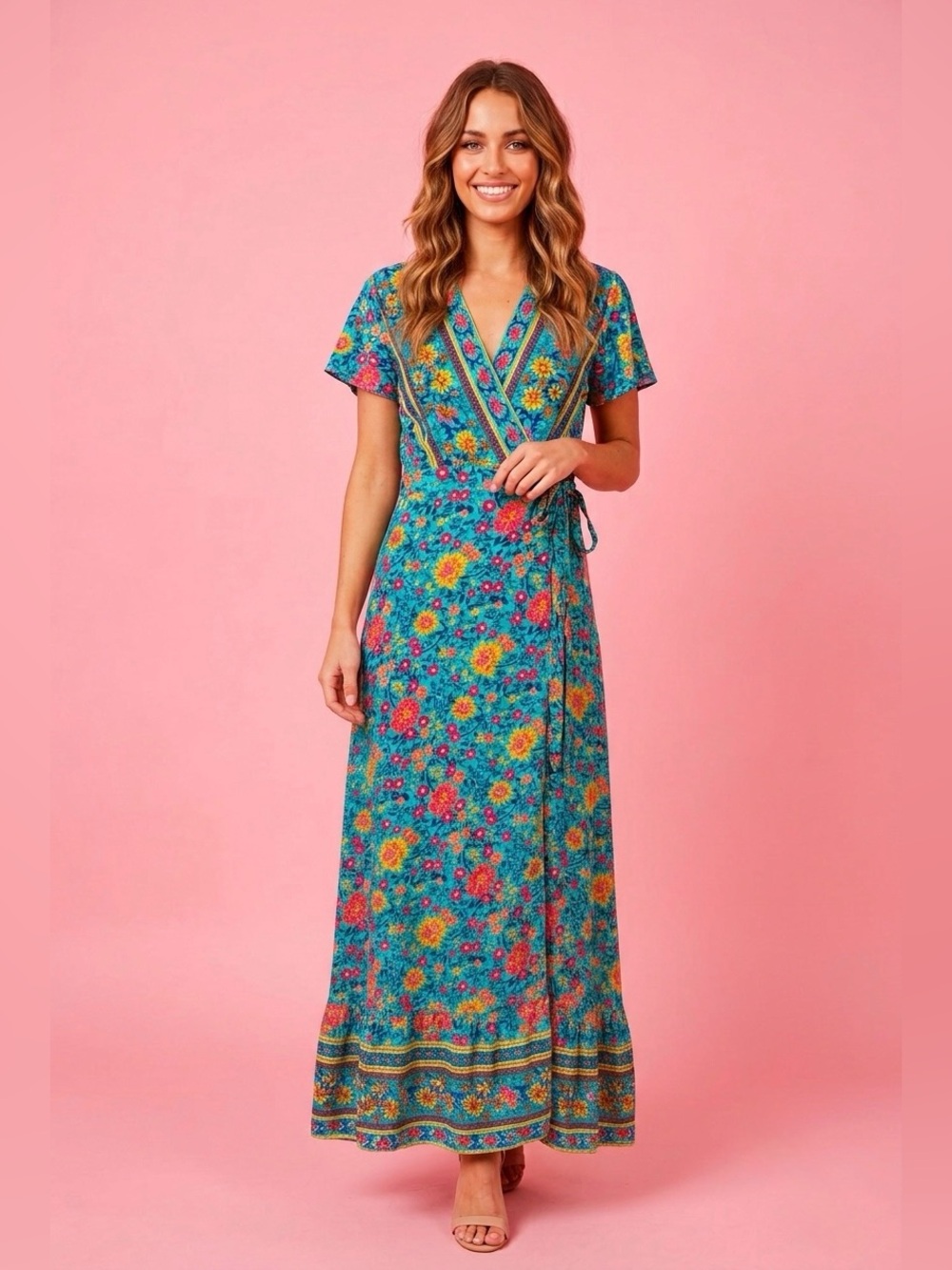 Blue Floral Wrap Maxi Dress with Pink Accents Bohemian Boho floral maxi size med